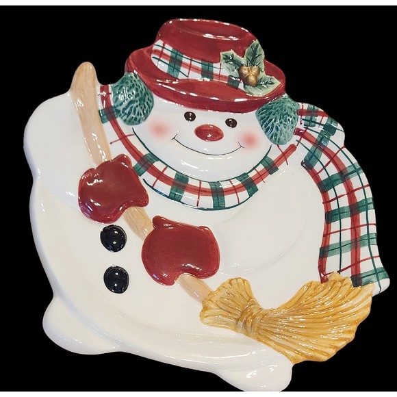 Fitz and Floyd PLAID CHRISTMAS SNOWMAN CANAPE PLATE 2001 - Picture 5 of 6